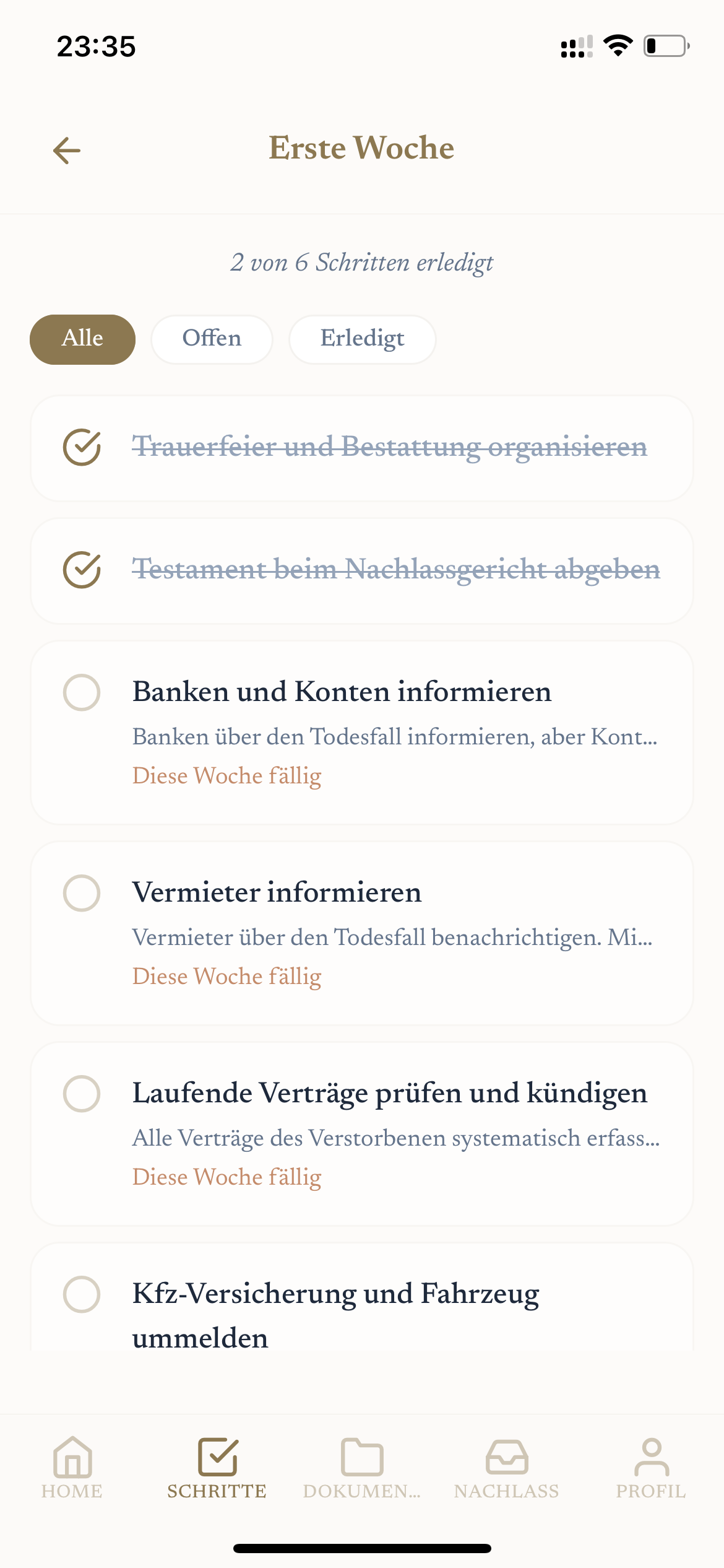 LEGASY Checkliste — Erste Woche mit Aufgaben und Fristen
